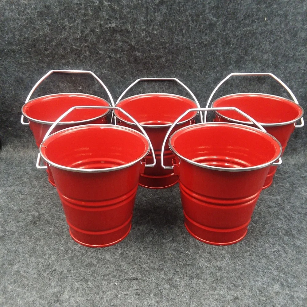 Pottery Barn Red Metal Buckets - Set of 5